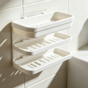 Single white plastic shelf with raised edge and adhesive backing.